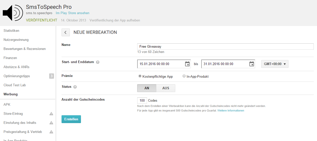 Entwickler können nun bei Google Play Promocodes für Apps erstellen
