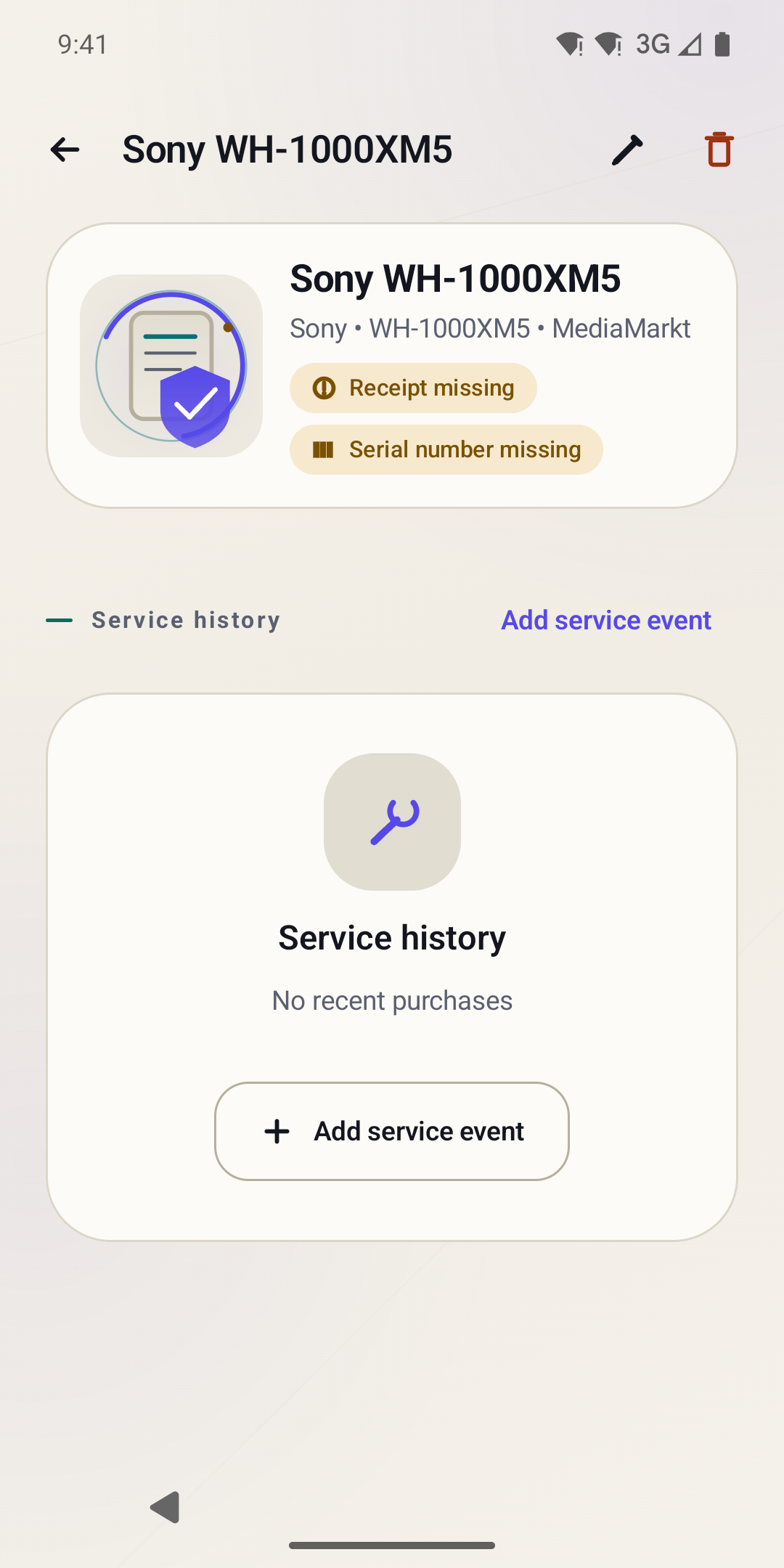 Screenshot of Warranty Wallet: Receipts